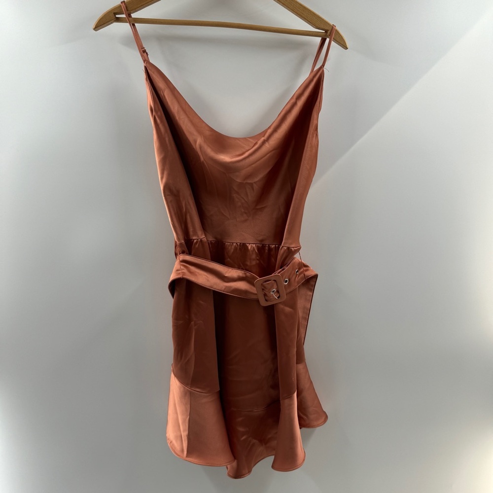 Forever 21 Satin Copper Cowl Neck Dress with Adjustable Belt – Size Large